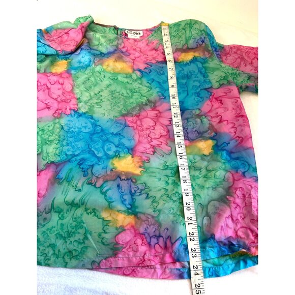 Vintage Esther 100% Silk Watercolors Blouse Large Shoulder pads Single back butt - Picture 5 of 5